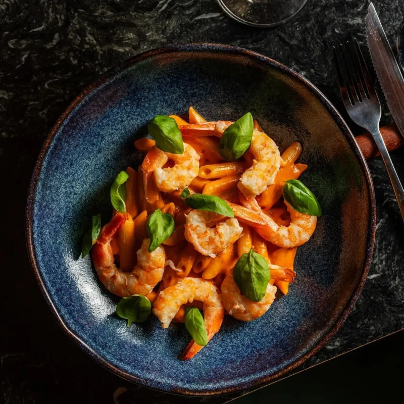 Penne alla vodka com camarões na brasa.