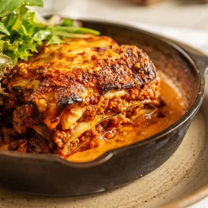 Lasanha à bolonhesa assada na brasa, servida em uma cremosa fonduta de queijos e acompanhada por saladinha fresca